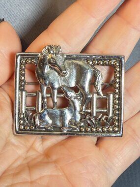Vintage Horse Brooch Silver Tone Framed Farm Scene Fence Design 2"
